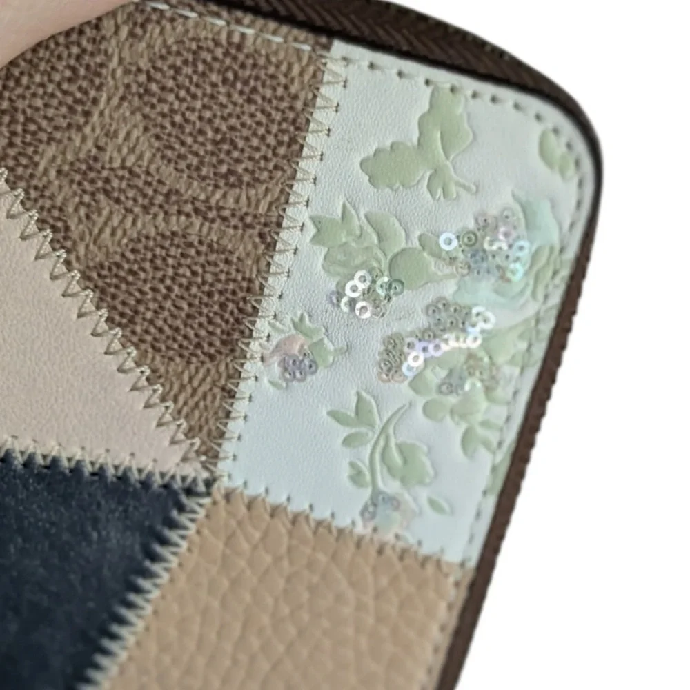 COACH Signature Patchwork Accordion Zip Wallet Neutral Leather Suede $295